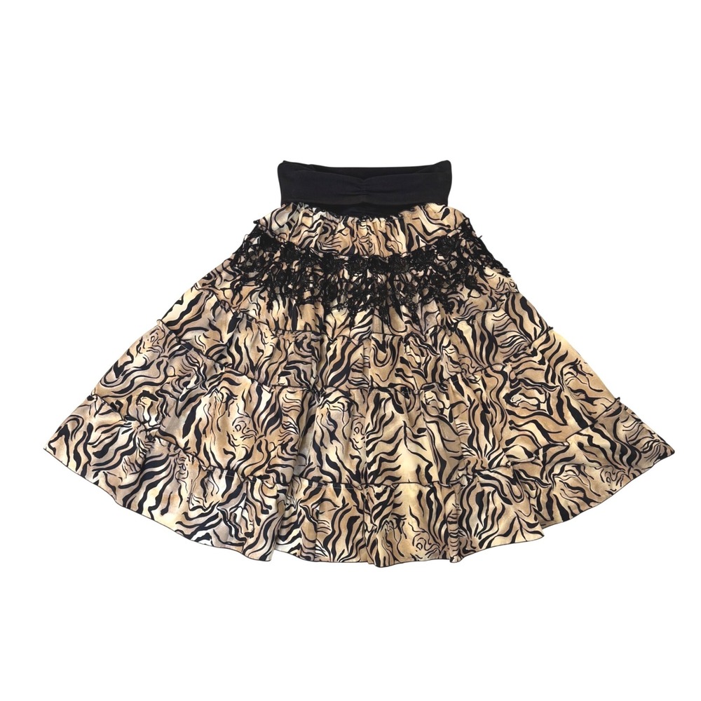 Y2K Vintage Magic of the Moon Tiered Animal Print Lace Trim Boho Midi Skirt S